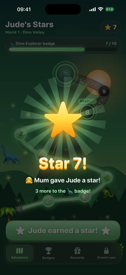 Jude's Stars app screen: every star gets a celebration
