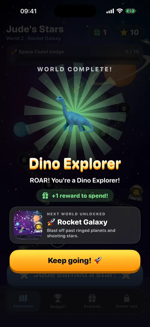 Jude's Stars app screen: finish a world, unlock the next