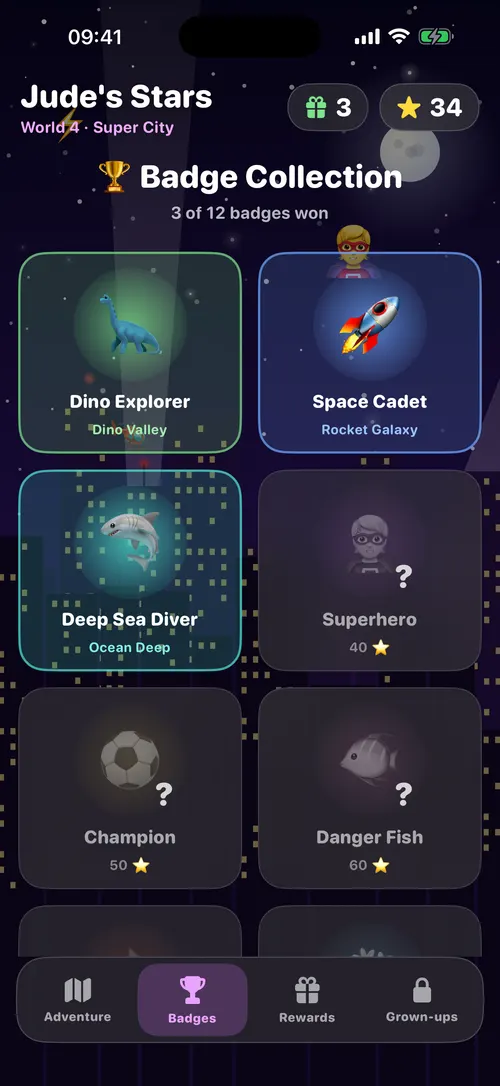 Jude's Stars app screen: win a badge in every world