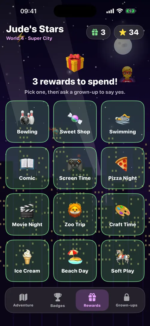 Jude's Stars app screen: swap stars for real rewards