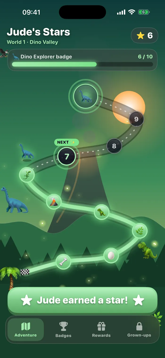 Jude's Stars reward chart app on iPhone: Jude's star adventure map in Dino Valley